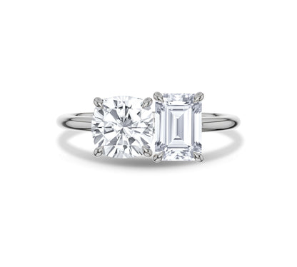 Toi et Moi ring in white gold with cushion and emerald cuts
