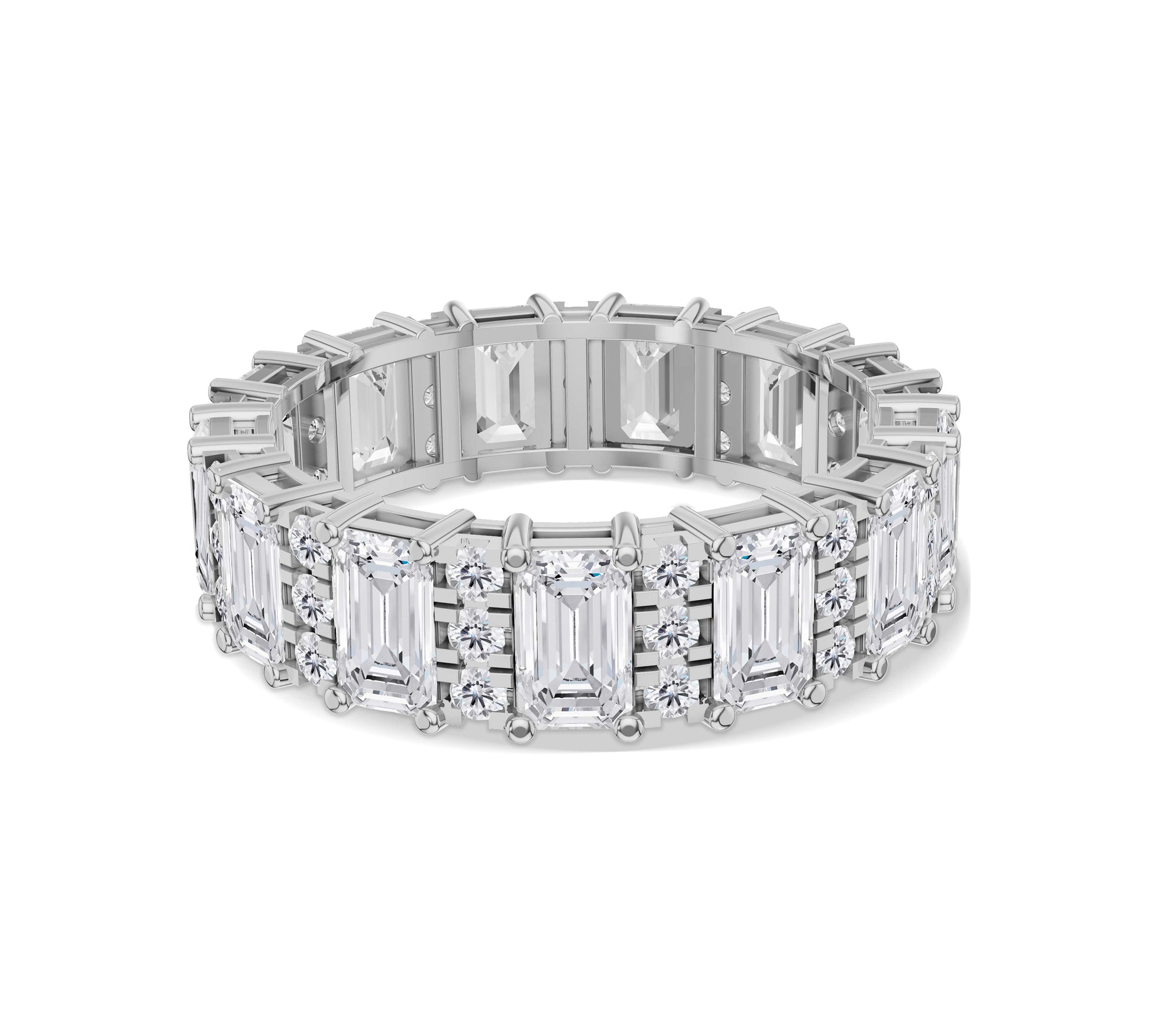 Emerald and round diamond gold eternity band with intricate craftsmanship