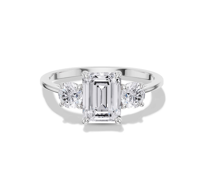 Emerald and Round Cut Three Stone Engagement Ring