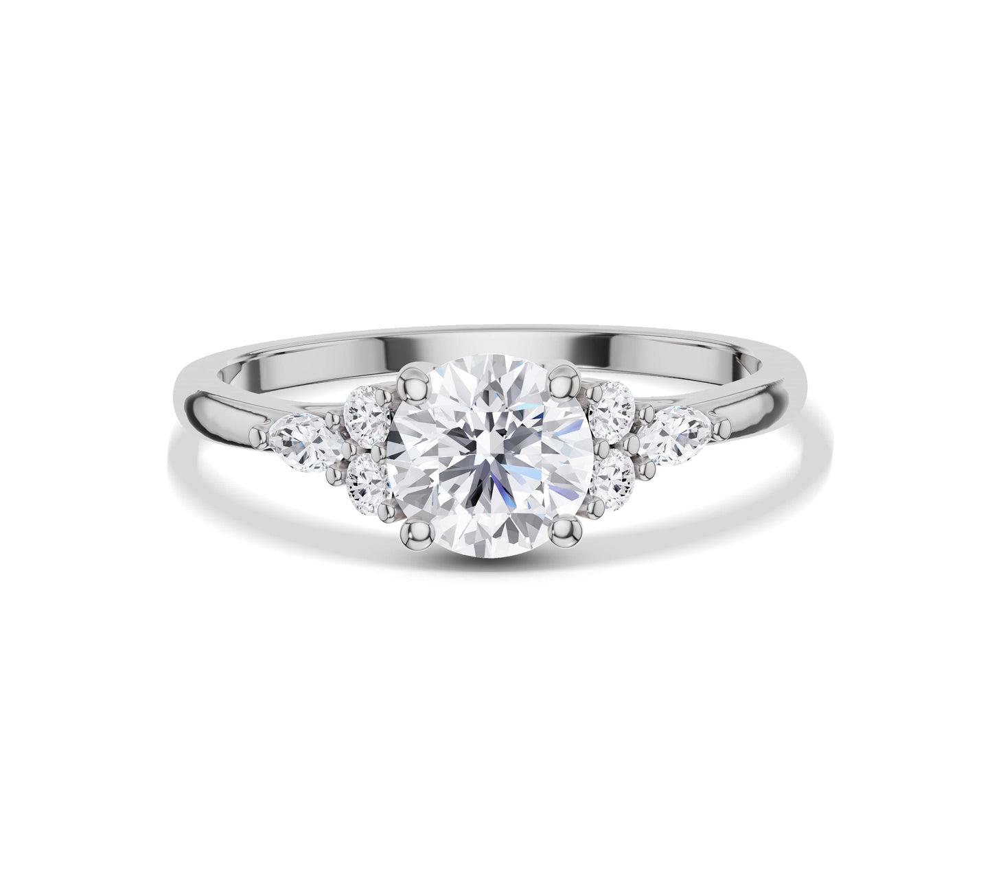 Round cut solitaire with delicate petal-style diamond accents