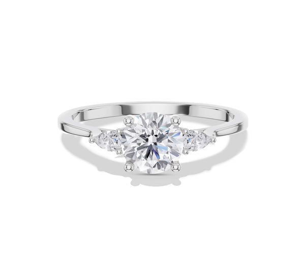 Round Diamond three stone Ring with Pear Side Stones