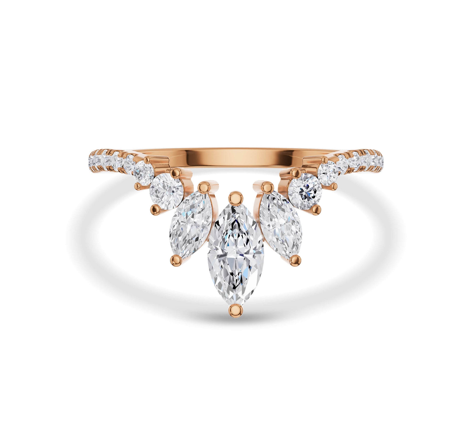 Tapered diamond cluster ring with marquise centerpiece rose gold