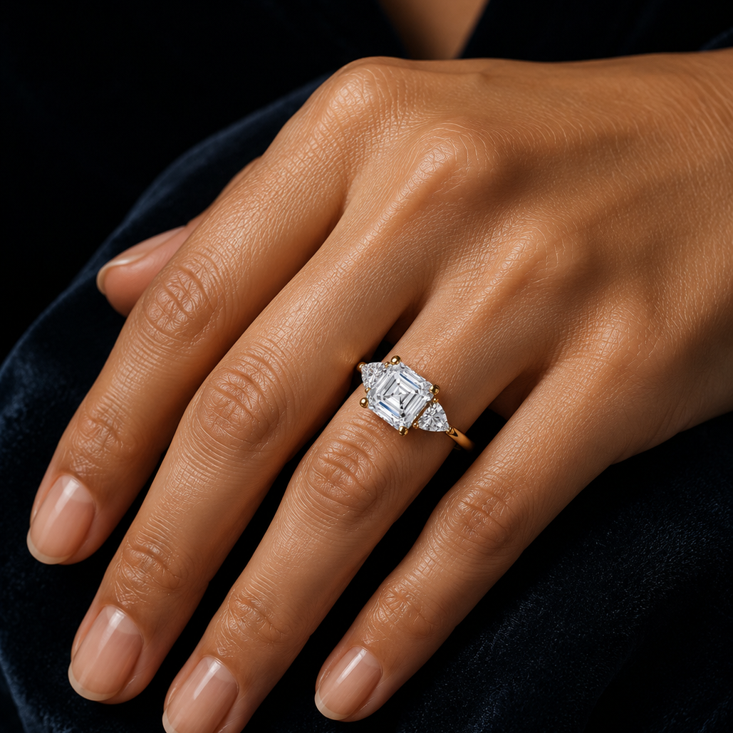 Asscher cut three stone engagement ring with pear side stones in yellow gold, featuring a sparkling moissanite or lab-grown diamond center stone, handcrafted by Frigus Jewelry.