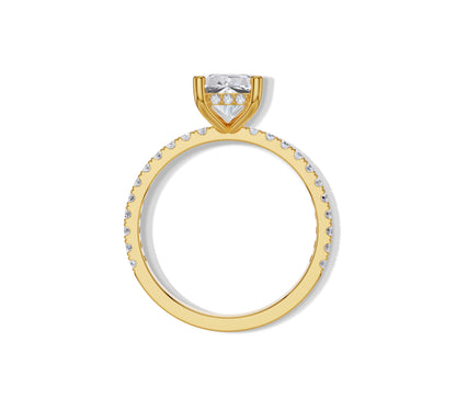 Hidden halo radiant cut solitaire ring in pavé yellow gold band