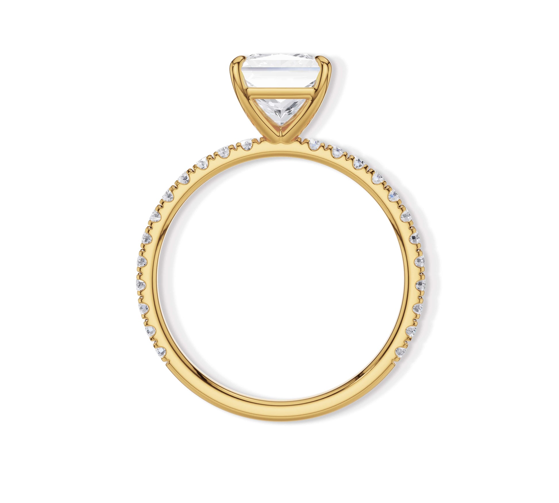 Yellow gold engagement ring with princess cut center and pavé