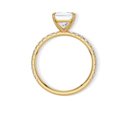 Yellow gold engagement ring with princess cut center and pavé