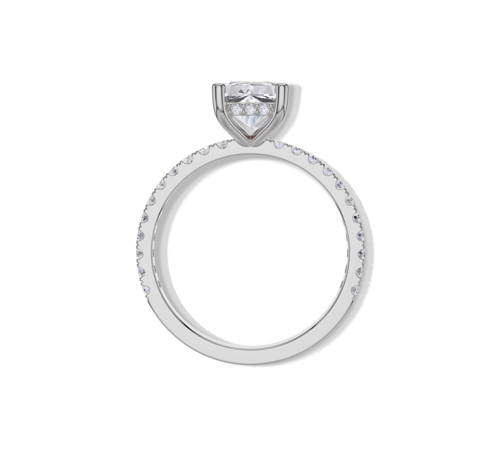 Sleek white gold hidden halo ring with radiant cut lab diamond