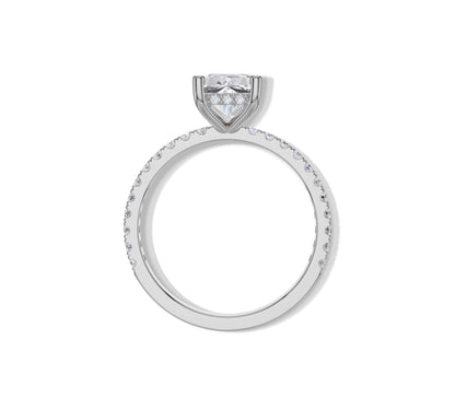 Sleek white gold hidden halo ring with radiant cut lab diamond