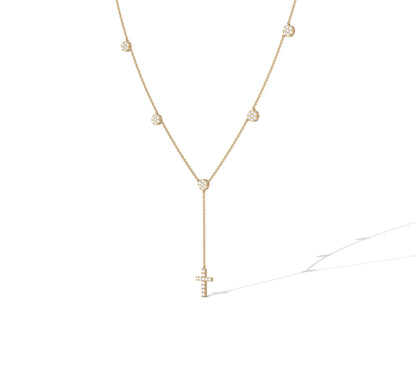 Elegant yellow gold Y-necklace with bezel diamond stations