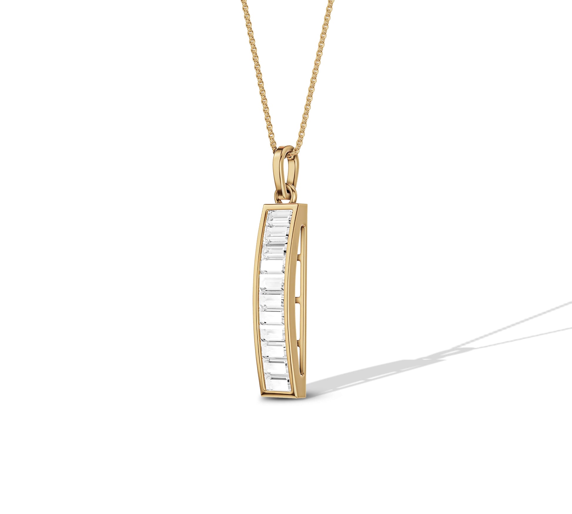 14K gold chain with elongated baguette diamond bar