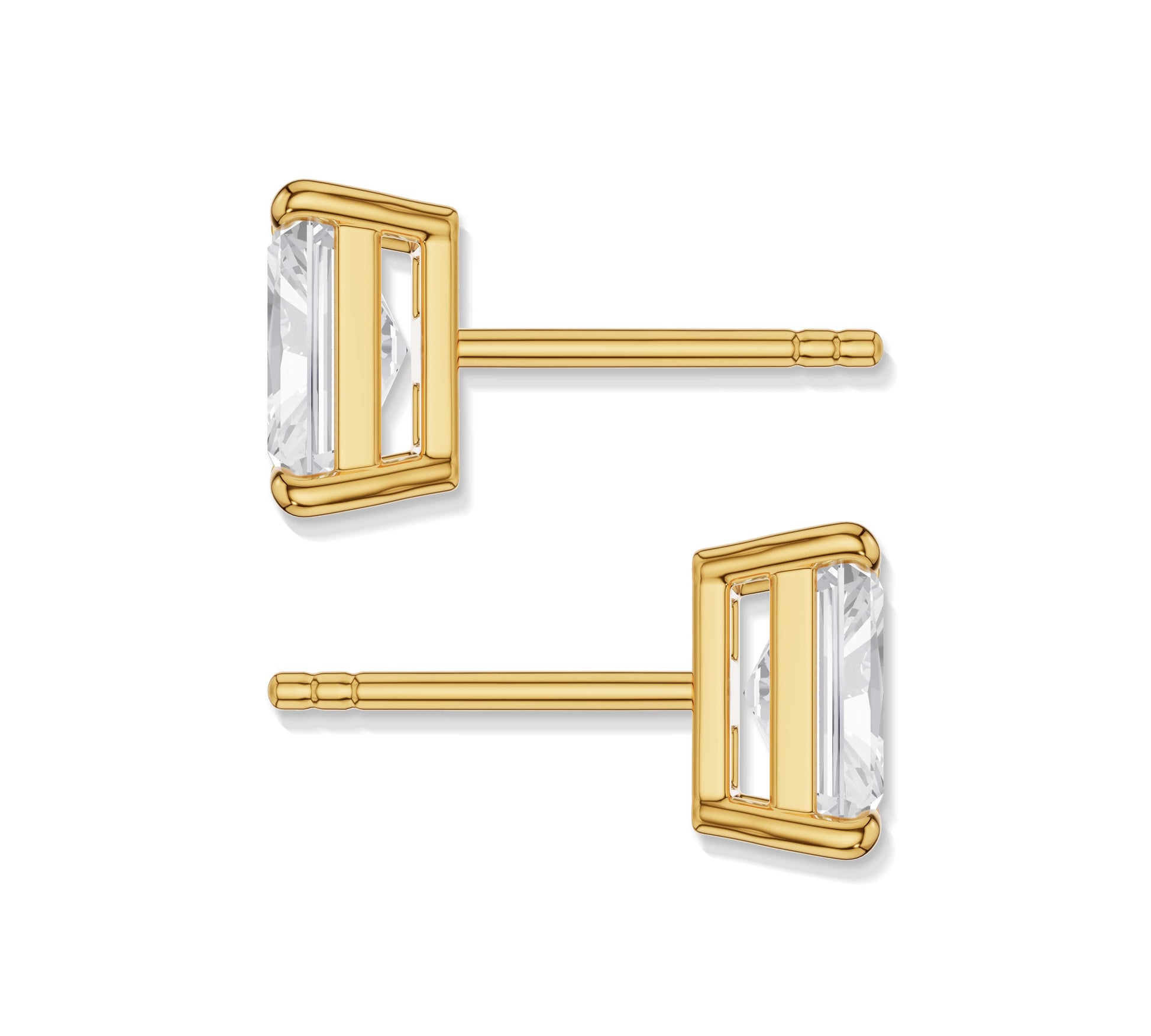 Long radiant cut studs in gold