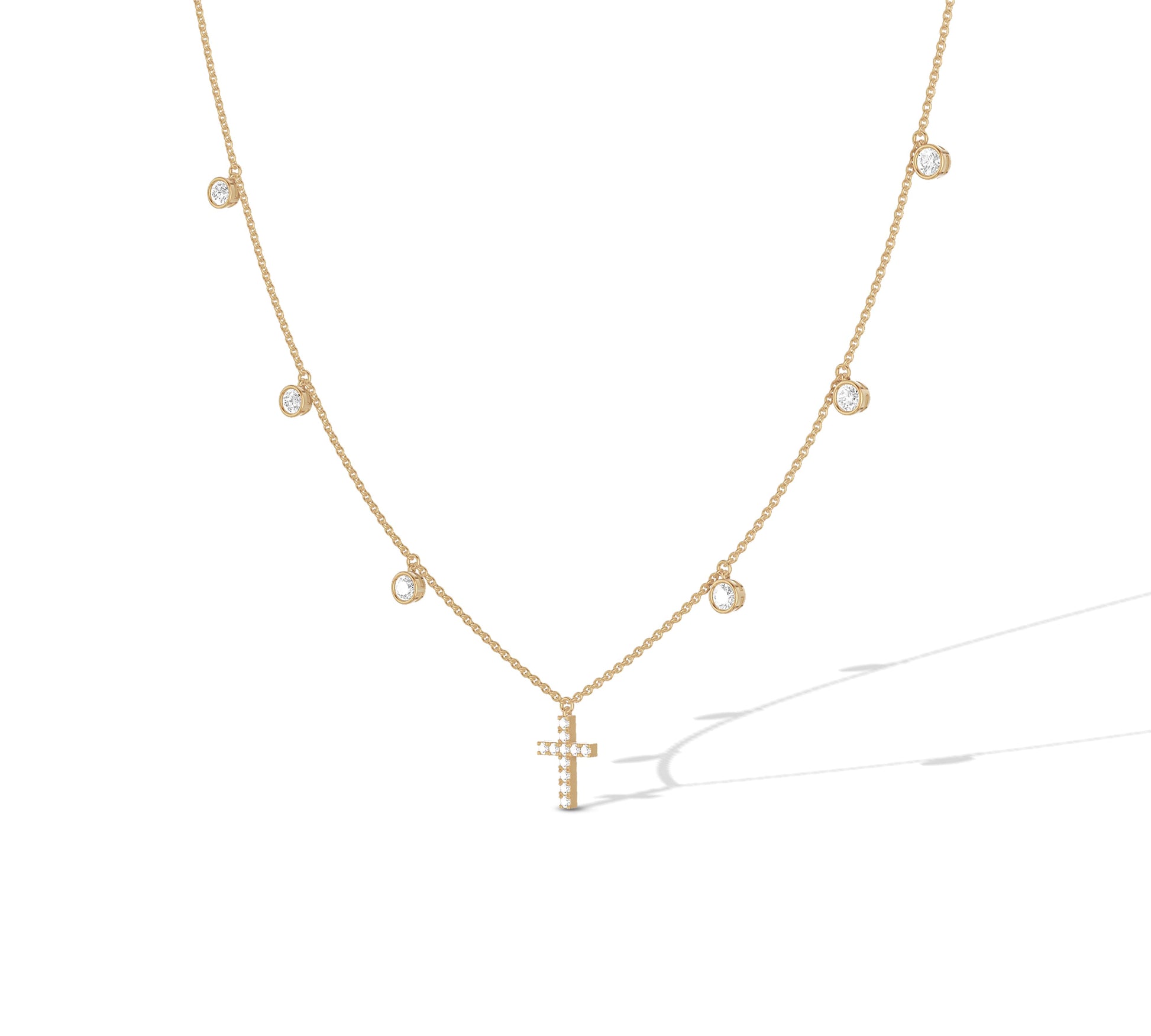 Yellow gold fine chain necklace with single cross and diamonds