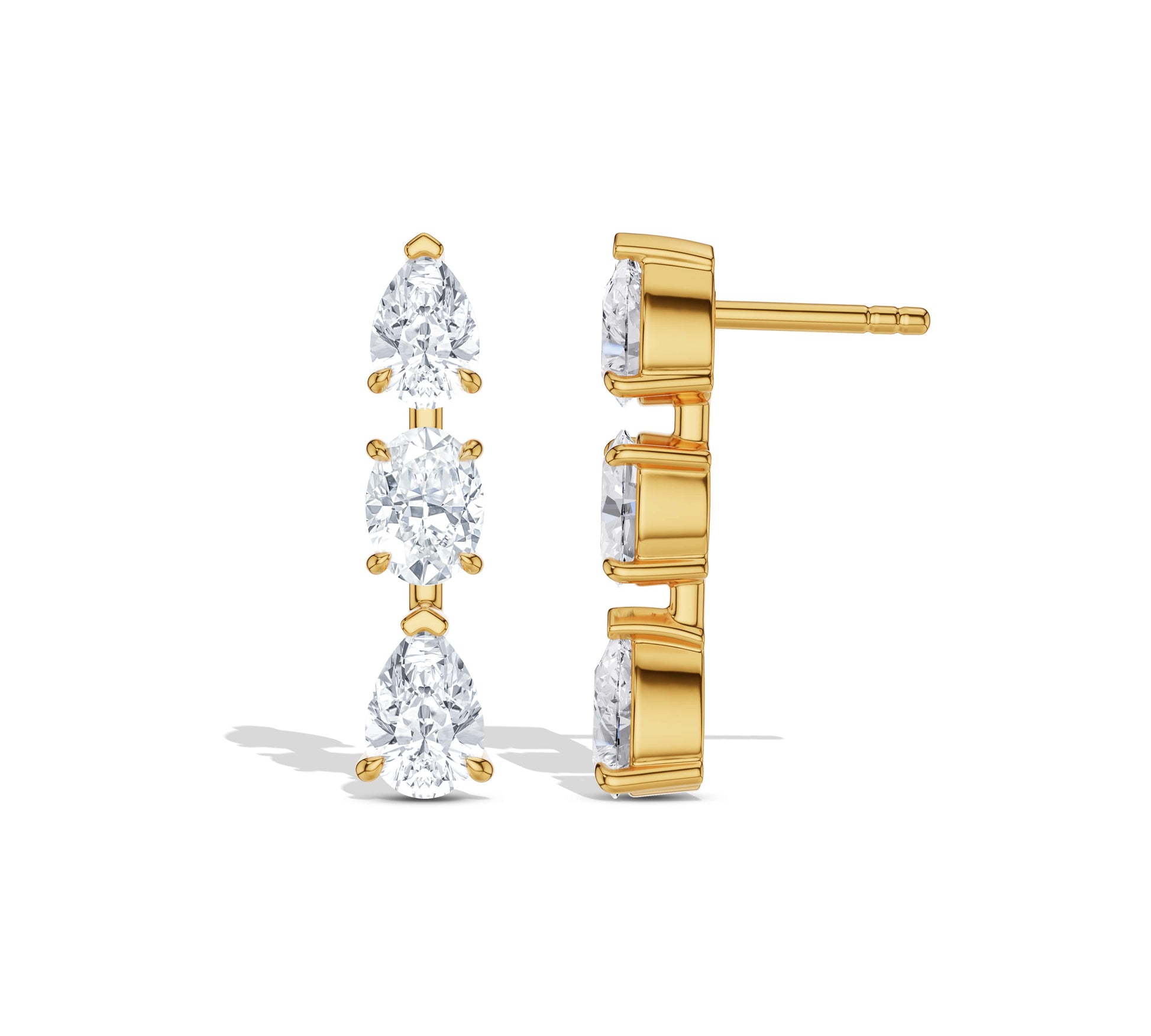 Elegant three-stone diamond drop earrings front and side view