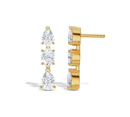 Elegant three-stone diamond drop earrings front and side view