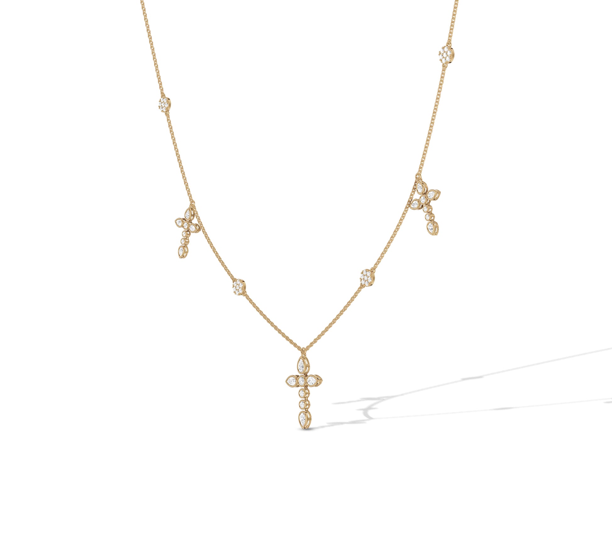 Dainty yellow gold necklace with diamond floral charm drops