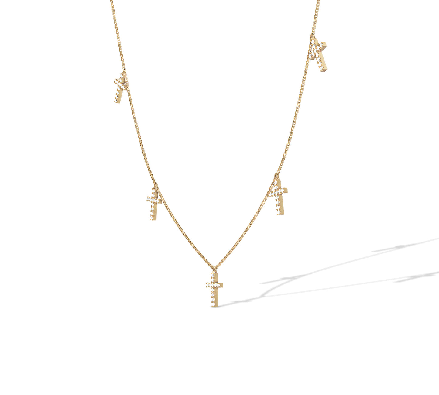 14K yellow gold station necklace with multiple cross pendants