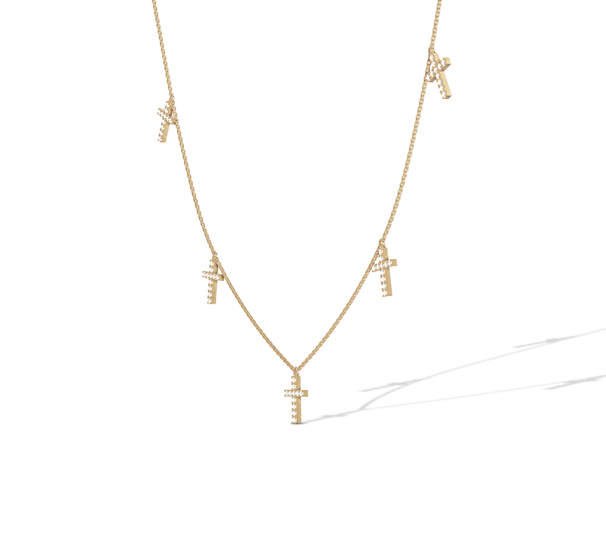 14K yellow gold station necklace with multiple cross pendants