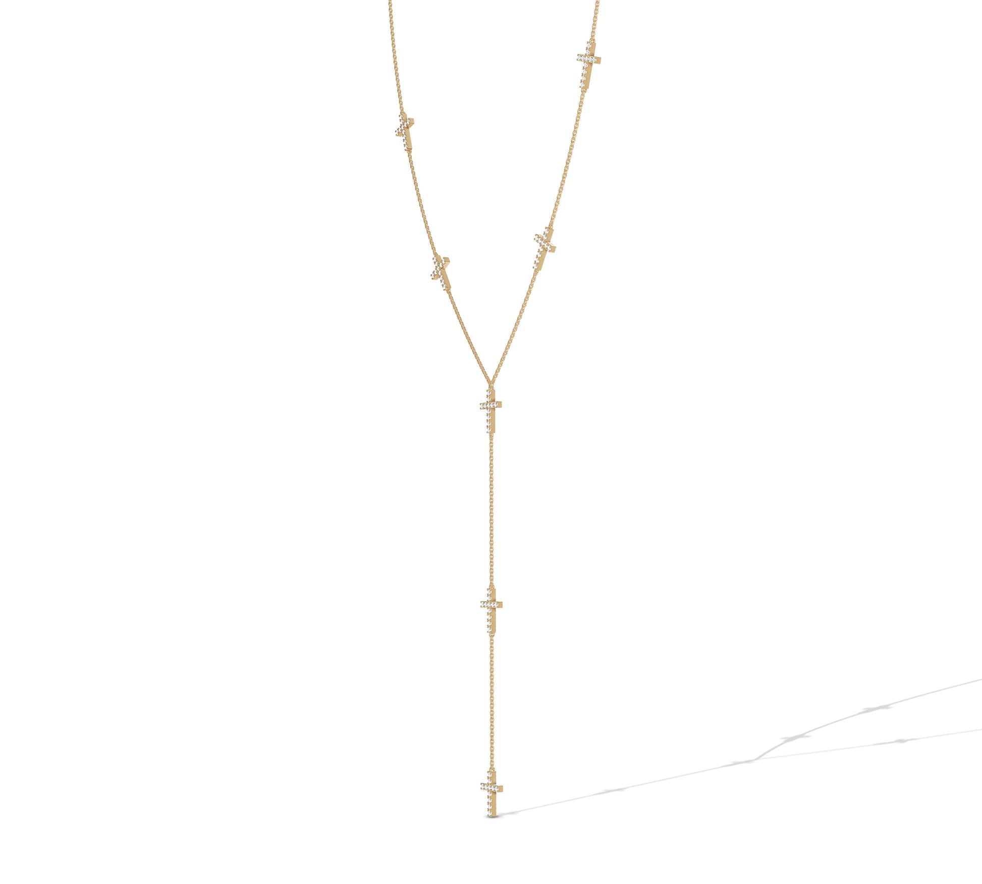 Rose gold Y-necklace with cascading diamond crosses