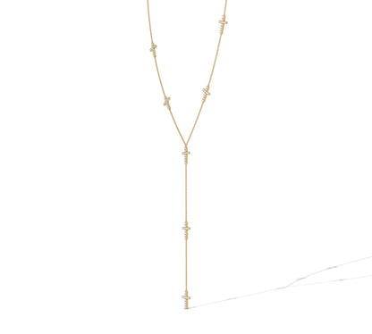 Rose gold Y-necklace with cascading diamond crosses