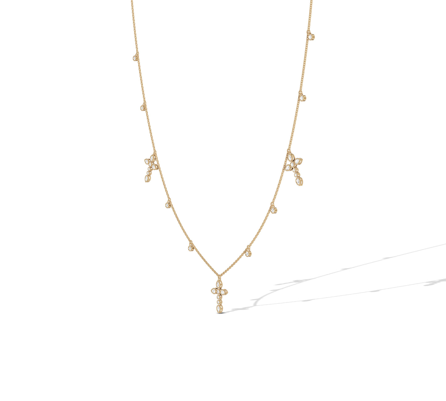 14K yellow gold cross necklace with pear and round diamonds