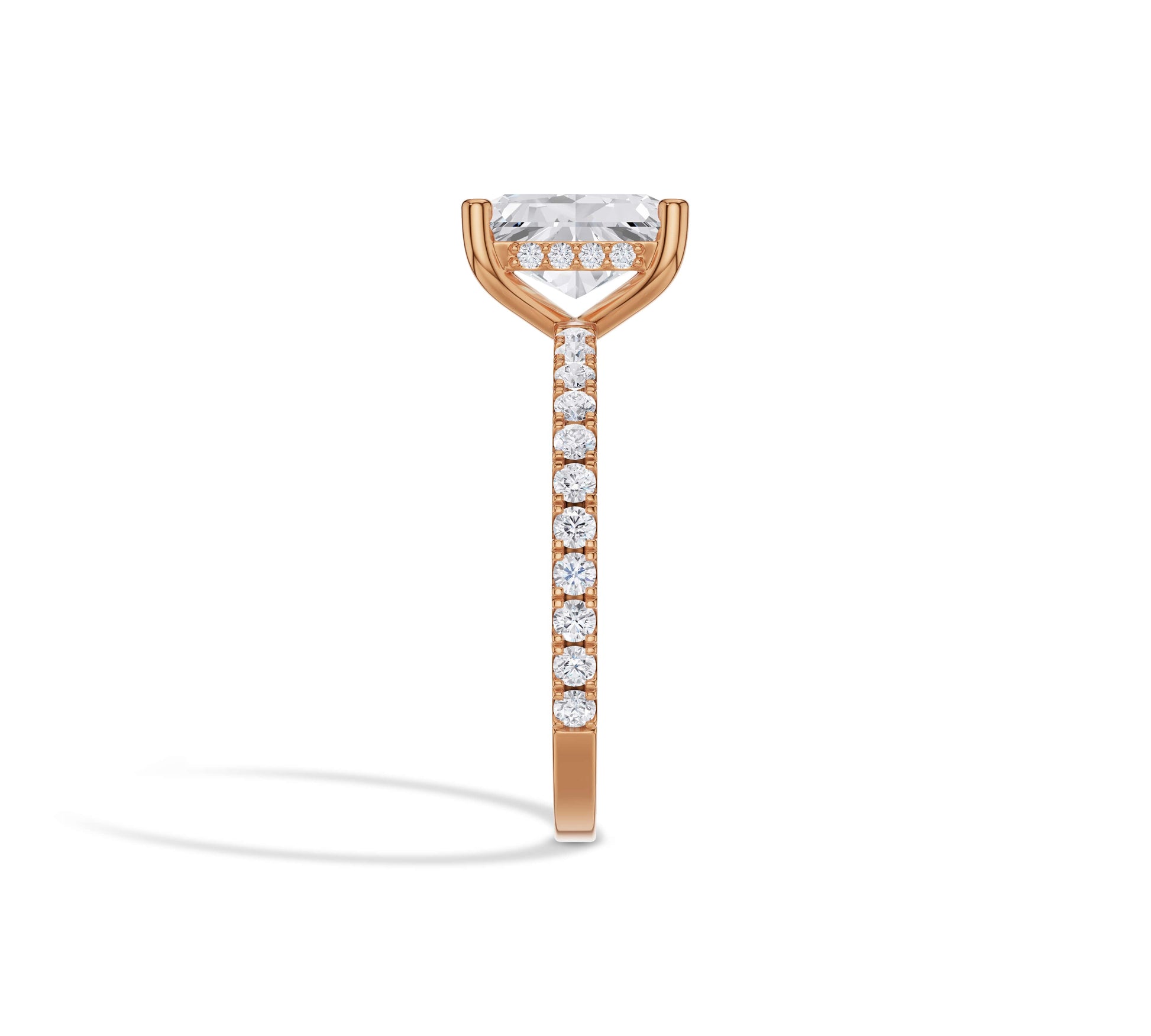 Rose tone radiant lab-grown diamond ring with halo and pavé
