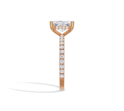 Rose tone radiant lab-grown diamond ring with halo and pavé