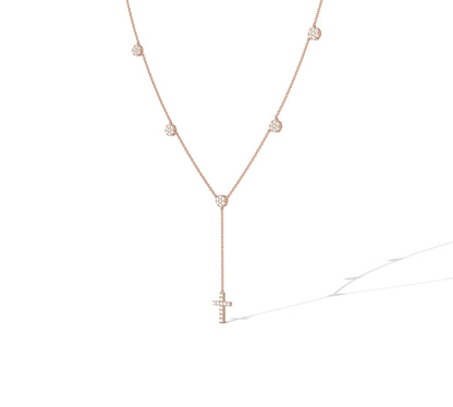 Minimalist rose gold Y-necklace with cross drop
