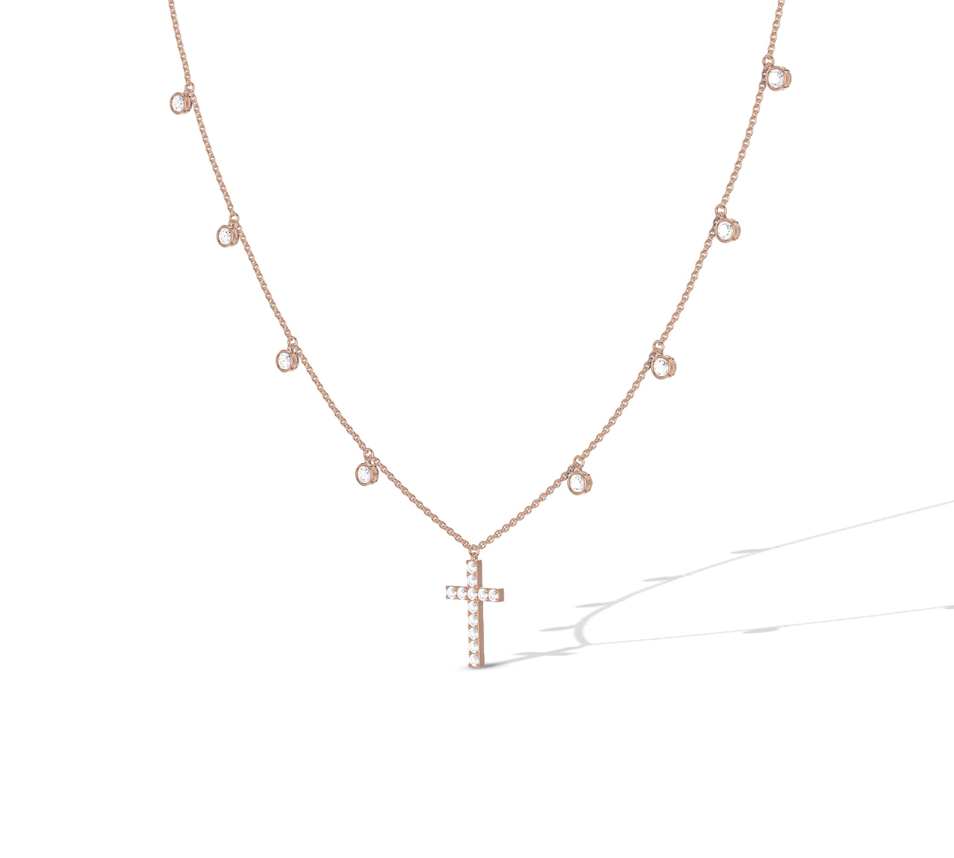 Gold chain with floating bezel diamonds and cross