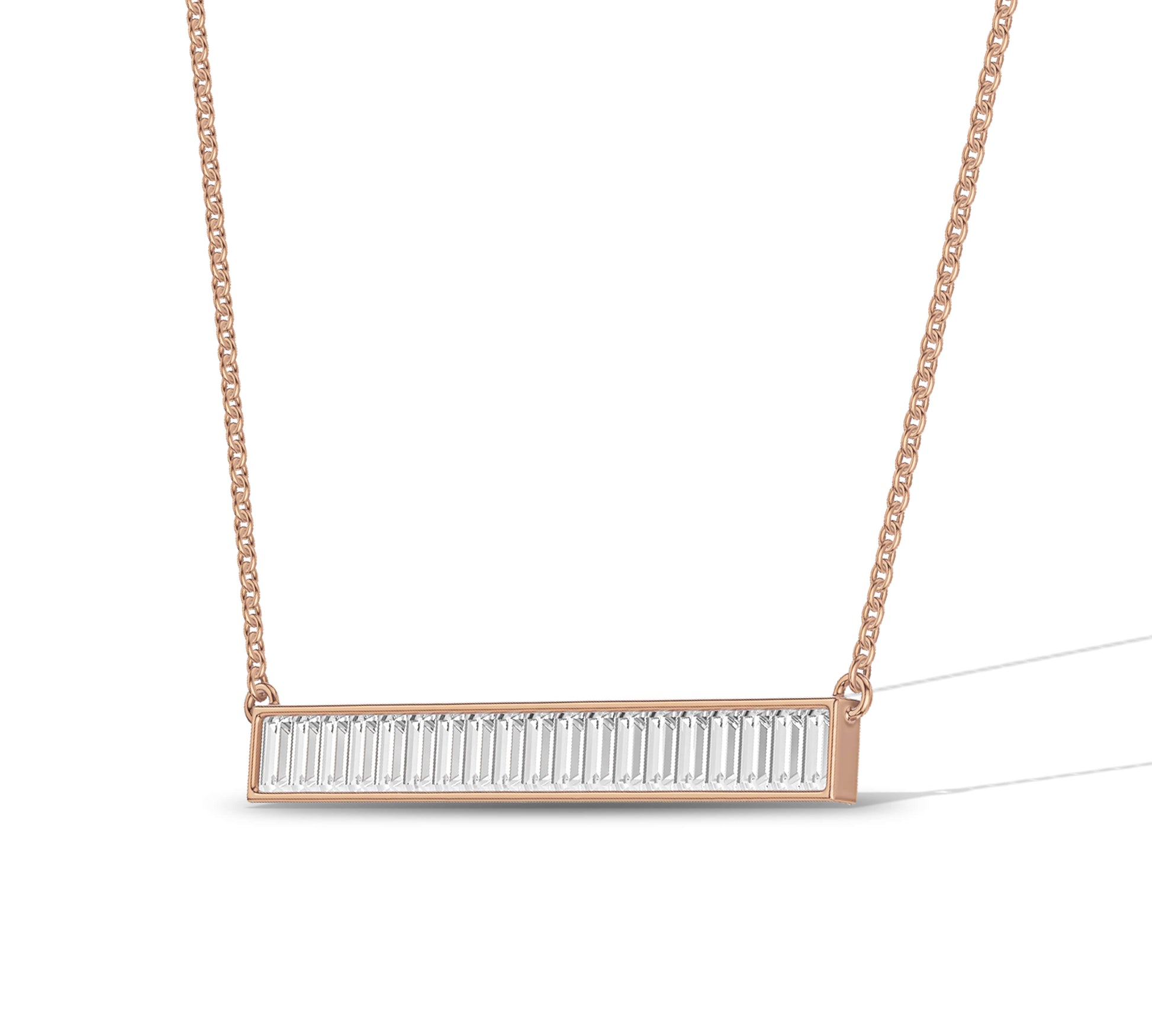 Horizontal moissanite baguette necklace on dainty chain