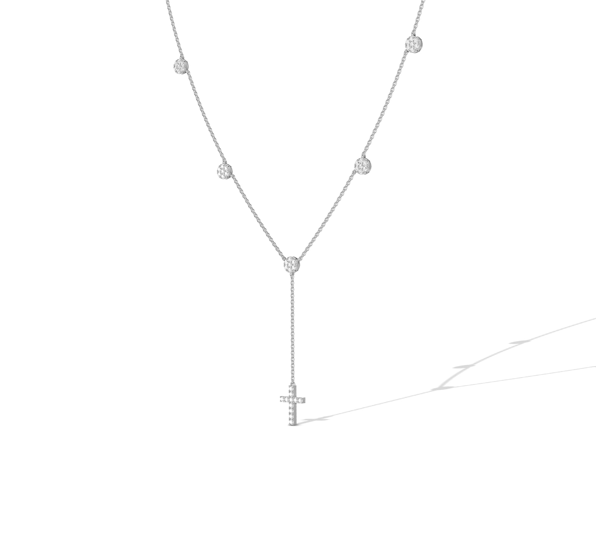White gold lariat necklace with cross and bezel sparkle