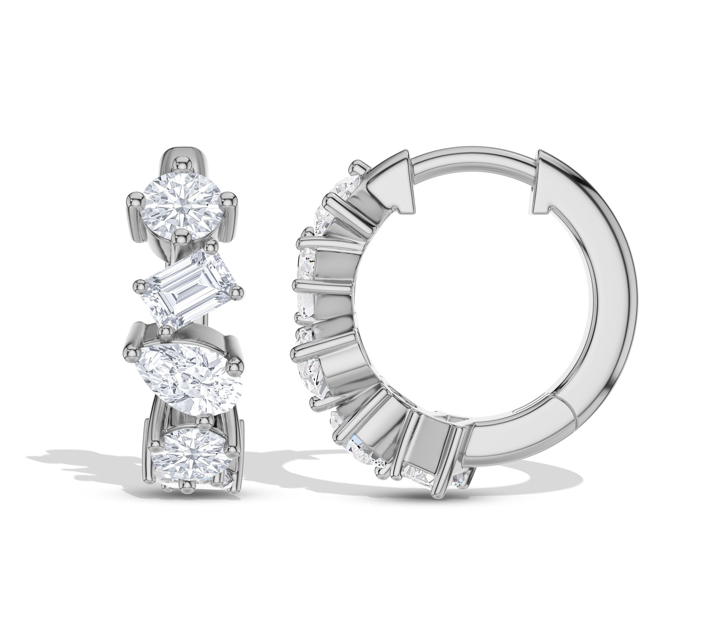Gold and moissanite earrings with alternating diamond cuts