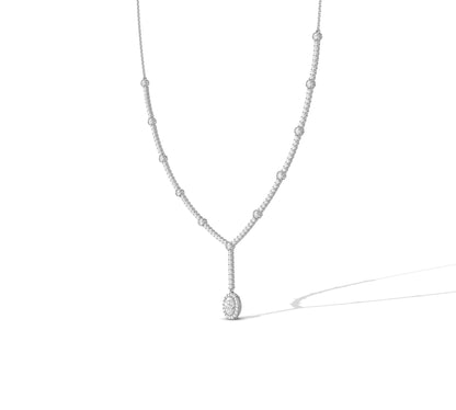 Gold lariat necklace with bezel diamonds and center drop