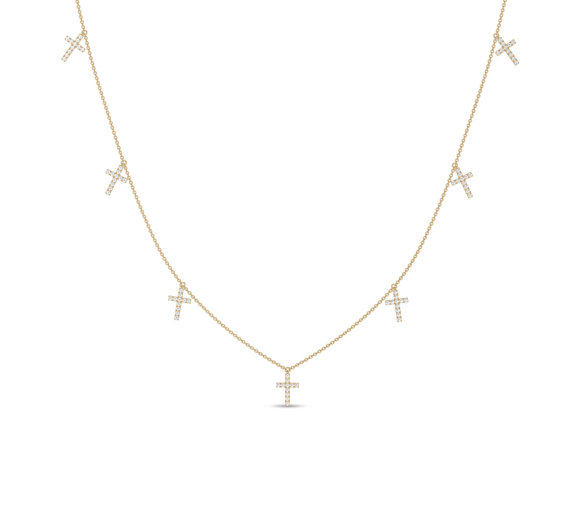 Yellow gold necklace with seven diamond cross drops