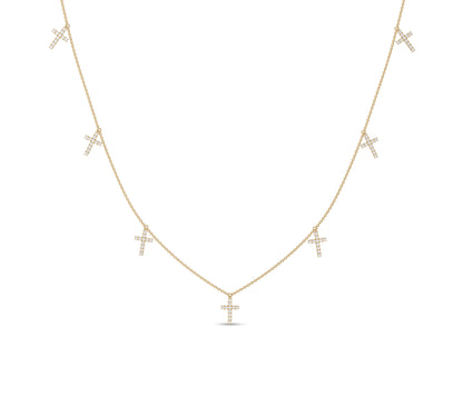 Yellow gold necklace with seven diamond cross drops