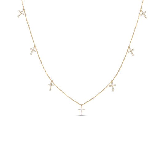 Yellow gold necklace with seven diamond cross drops