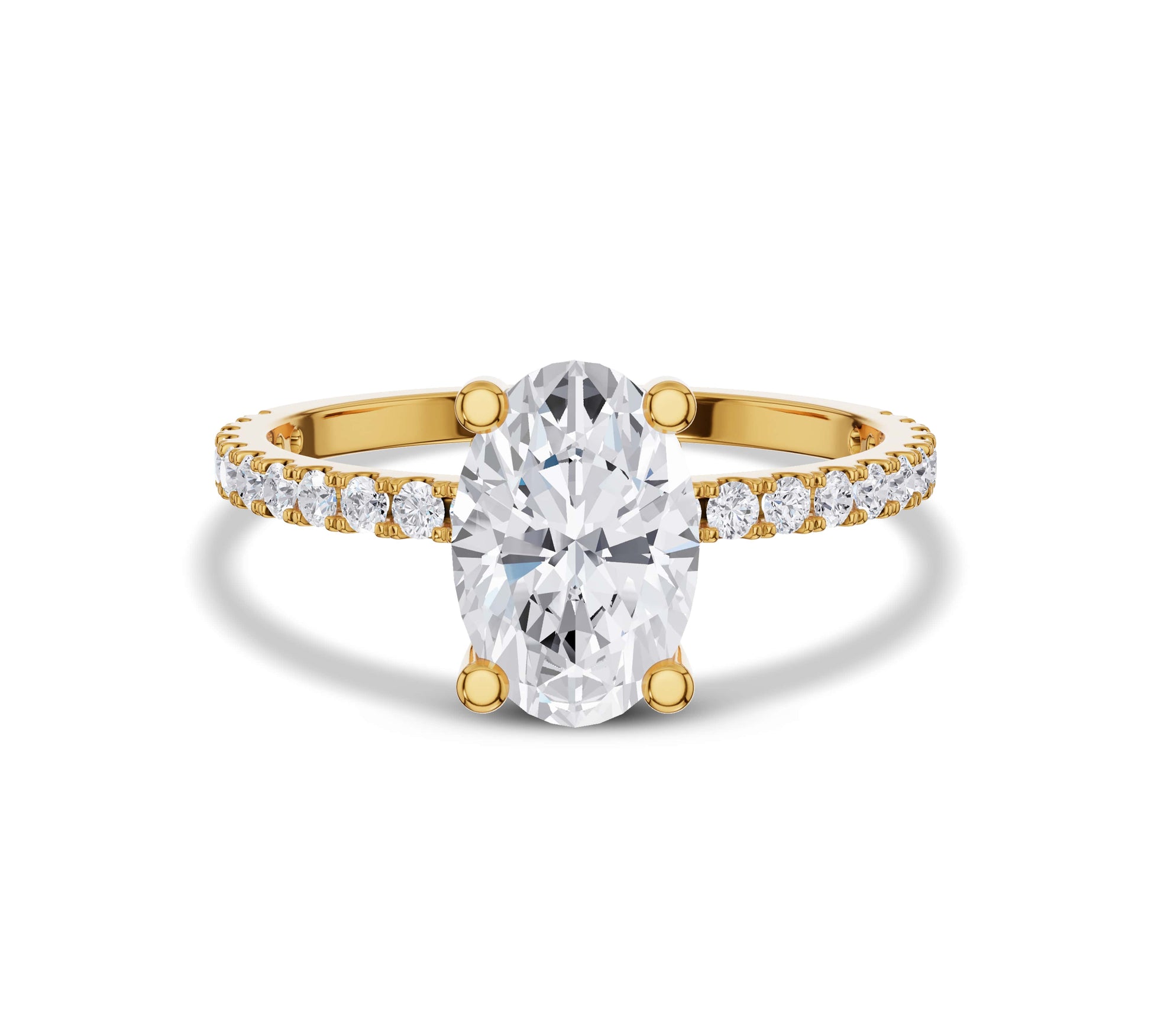 Floating oval diamond ring in yellow gold with hidden halo