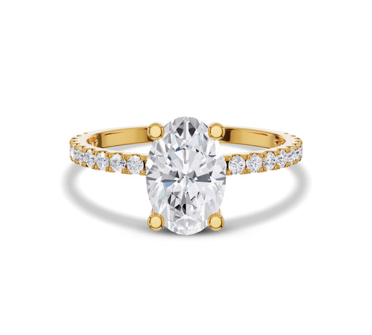 Floating oval diamond ring in yellow gold with hidden halo
