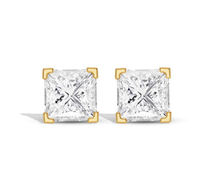 Princess cut claw set earrings yellow gold