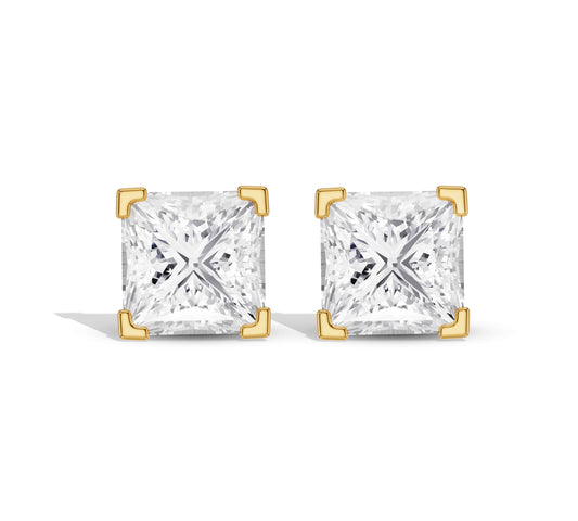 Princess cut claw set earrings yellow gold