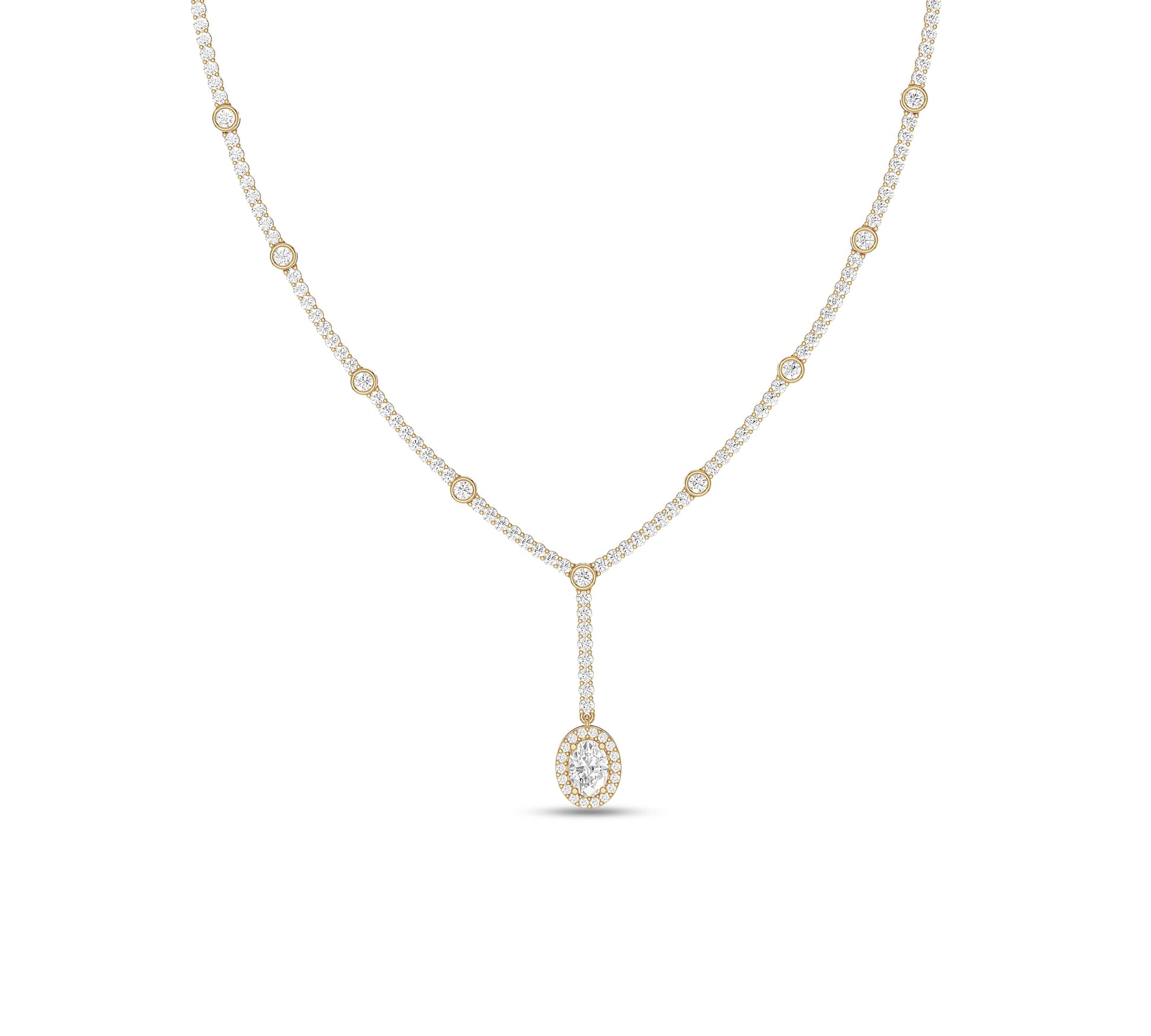 Y-necklace with diamond halo oval drop