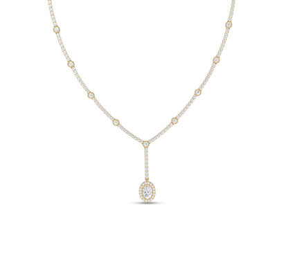 Y-necklace with diamond halo oval drop