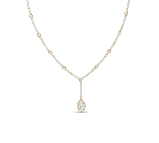 Y-necklace with diamond halo oval drop