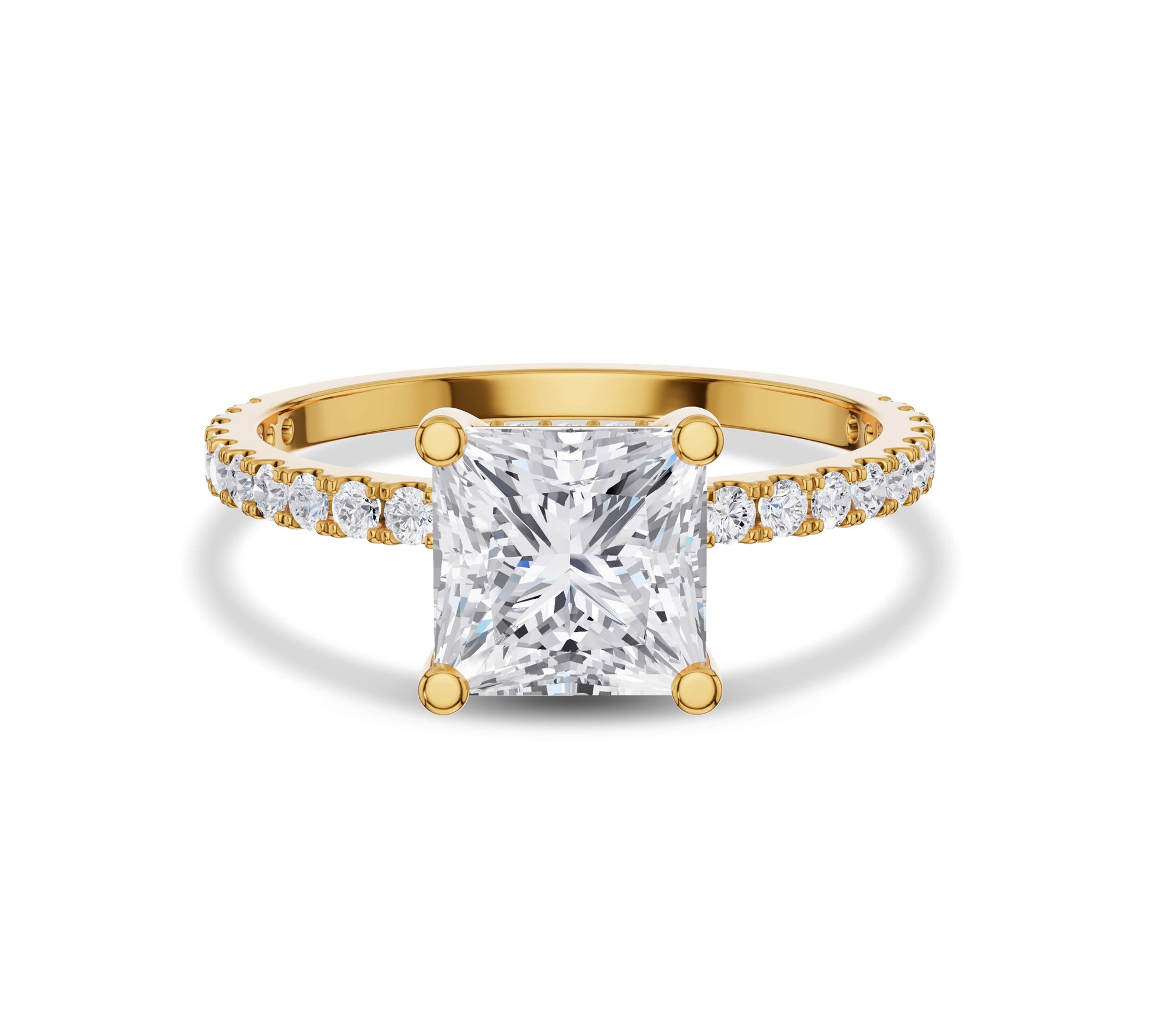 princess cut lab diamond ring in yellow gold pavé band