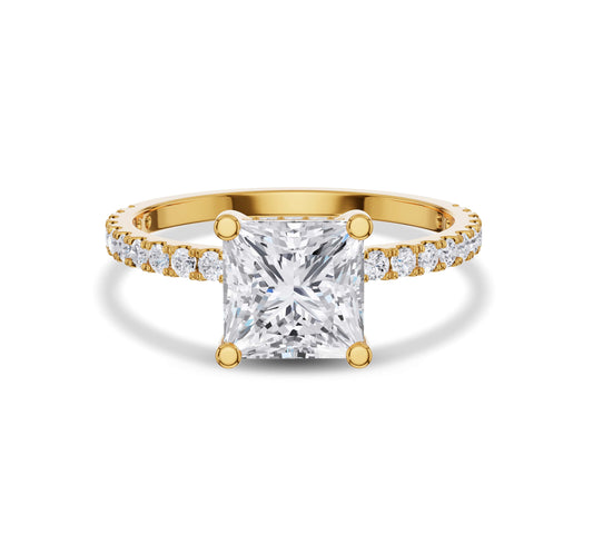 princess cut lab diamond ring in yellow gold pavé band