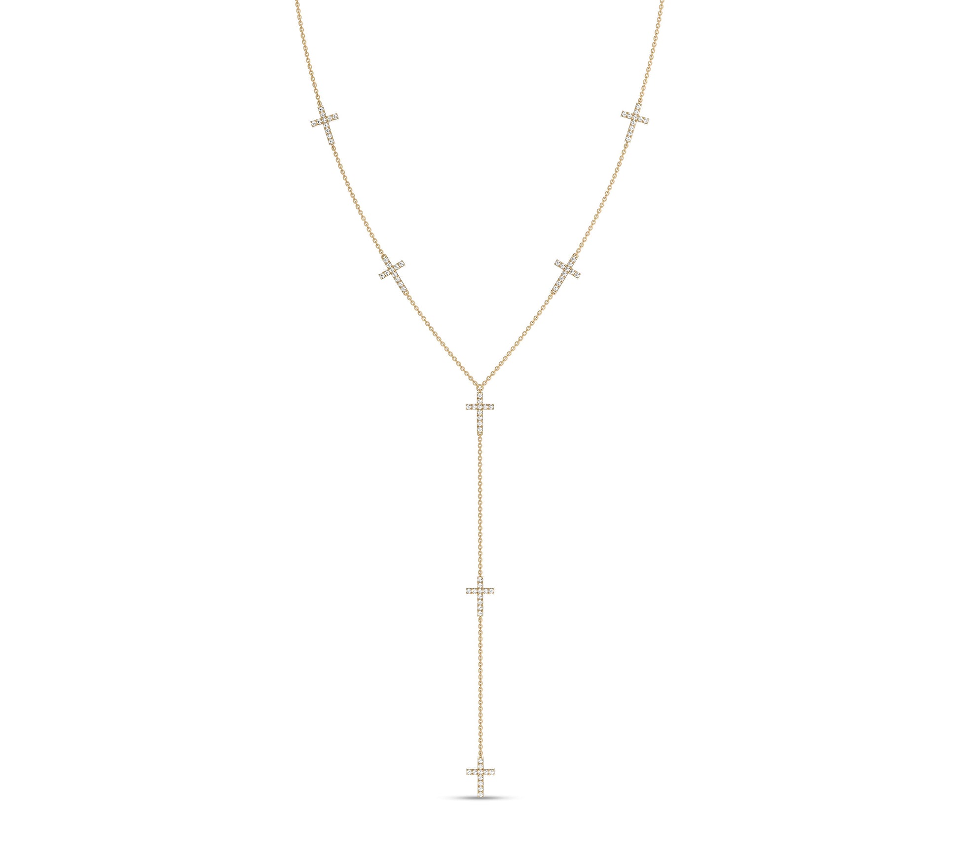 Yellow gold lariat necklace with vertical cross drops