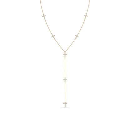 Yellow gold lariat necklace with vertical cross drops