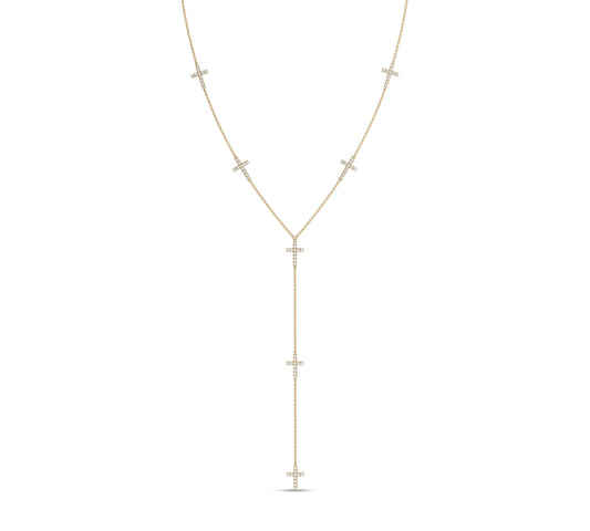 Yellow gold lariat necklace with vertical cross drops