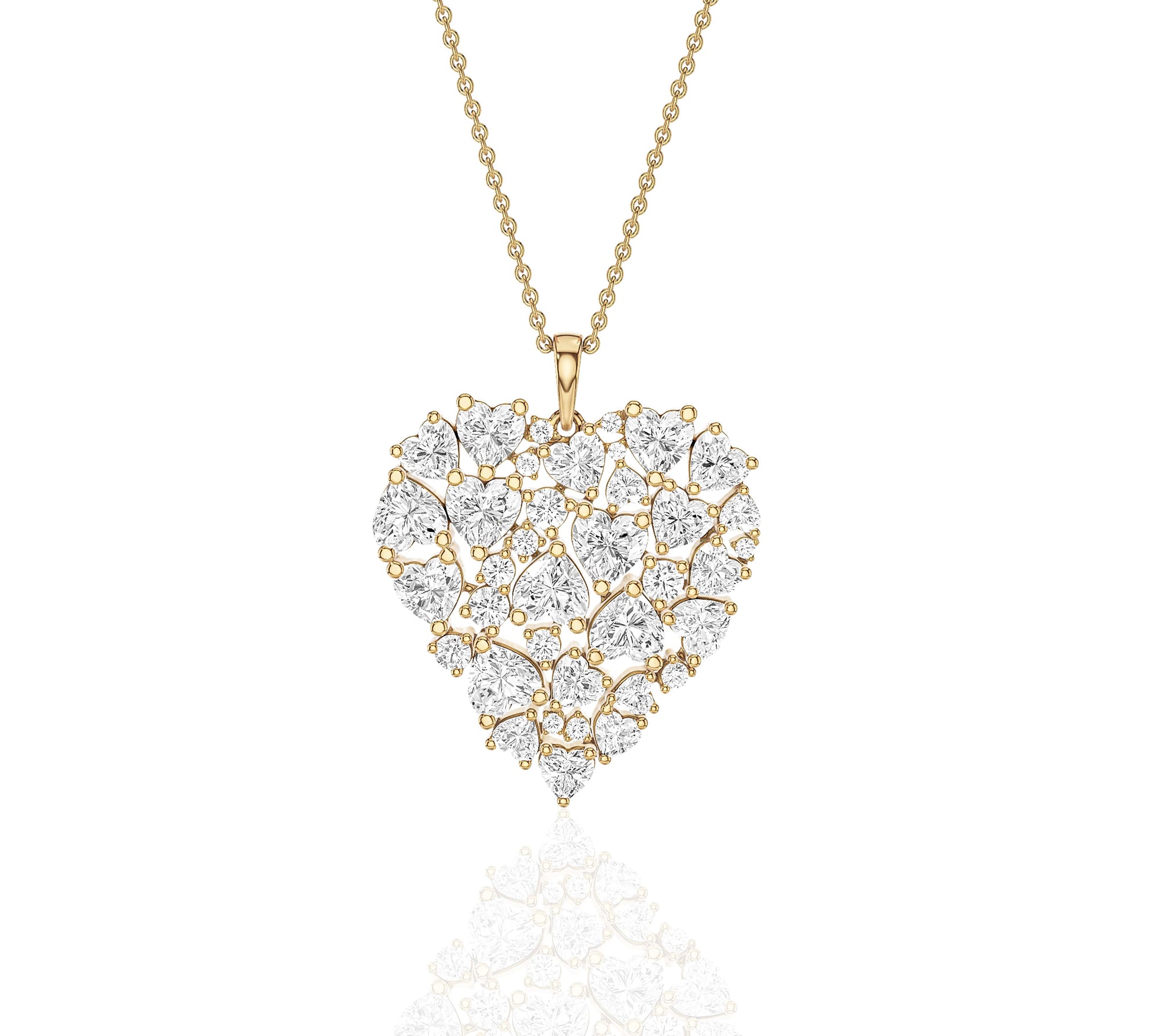 Close-up of heart-shaped cluster diamond pendant on gold chain