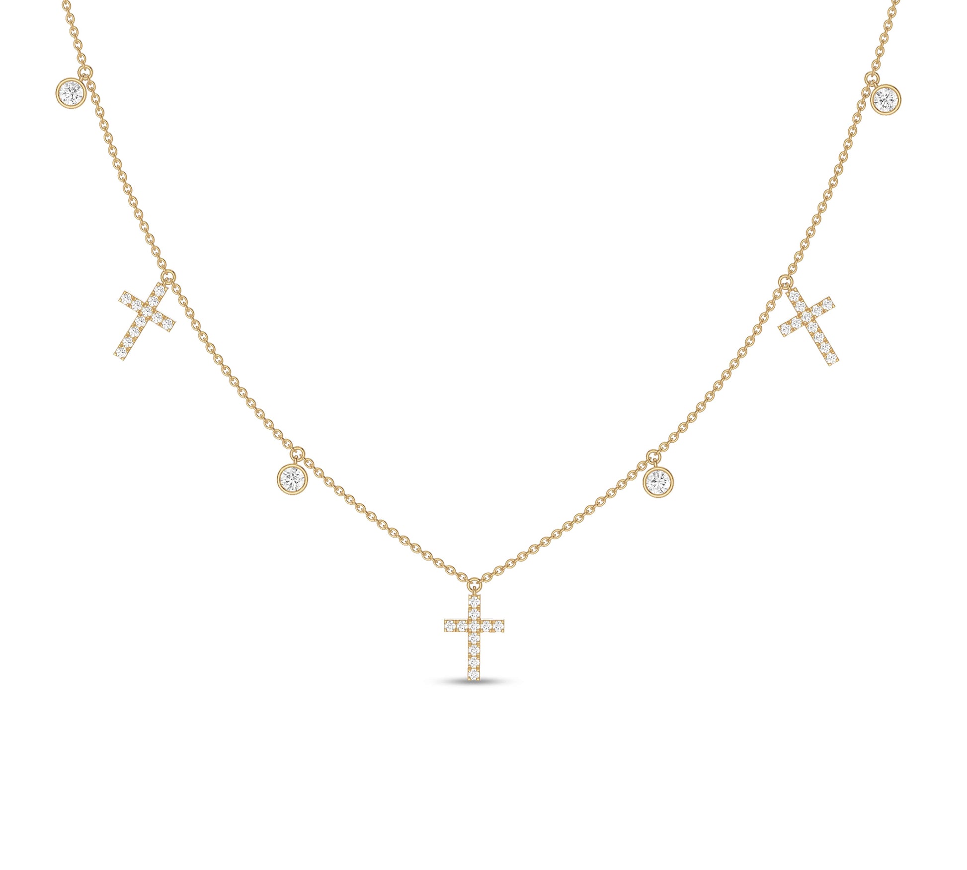 Yellow gold necklace with cross and bezel-set diamonds
