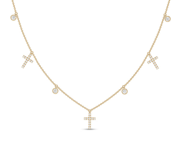 Cross and Diamond Bezel Drop Necklace in 14K Gold